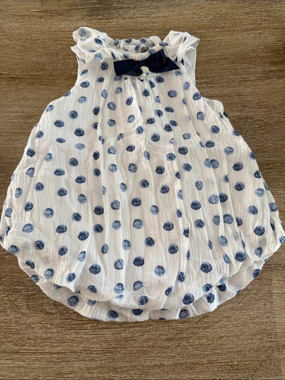 White Sleeveless Polka Dot Baby Bubble Romper with Navy Bow